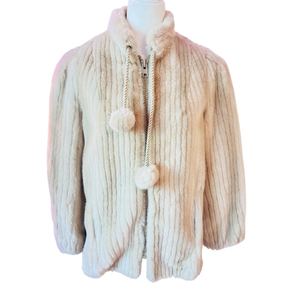 Vintage Country Pacer Cream Faux Fur Ribbed Zip Up Pom Pom Jacket Coat